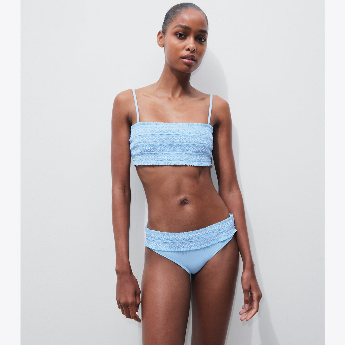 Tory Burch Costa Smocked Bikini Bottom - Washed Sky / White - 2