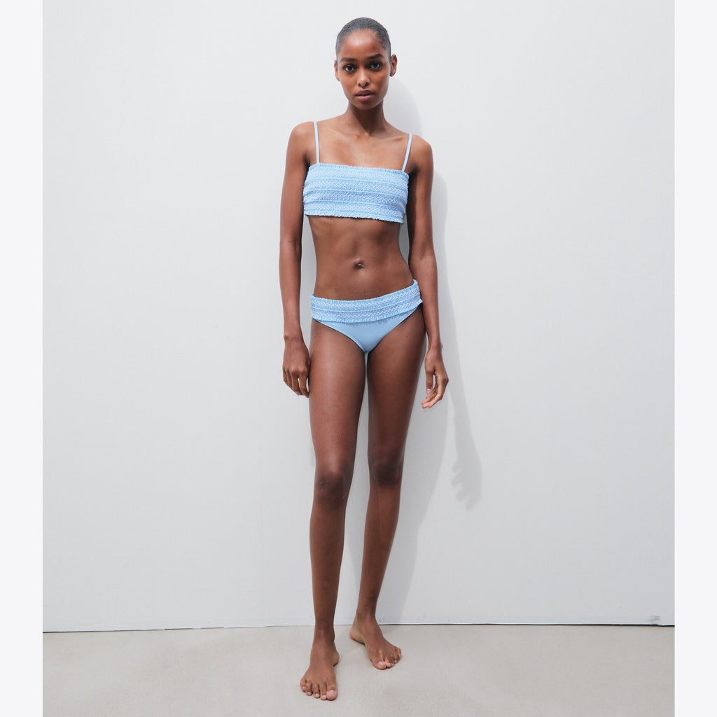 Tory Burch Costa Smocked Bikini Bottom - Washed Sky / White - 3