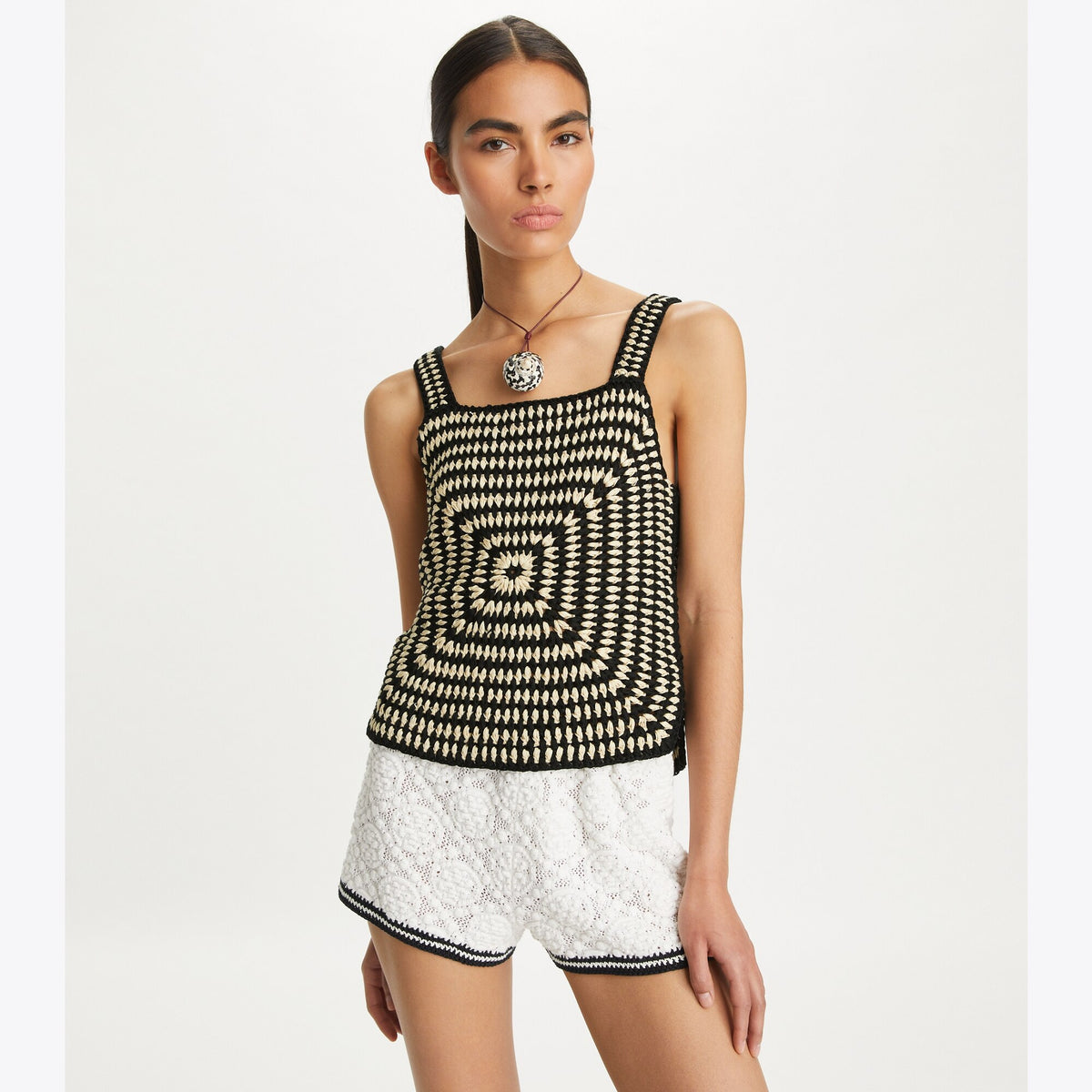 Tory Burch Cotton Crochet Tank Top - Black / White - 2