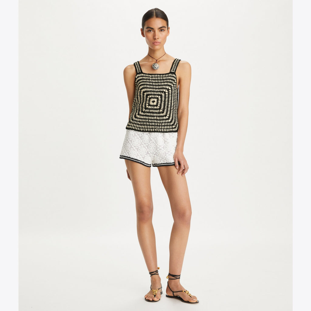 Tory Burch Cotton Crochet Tank Top - Black / White - 3