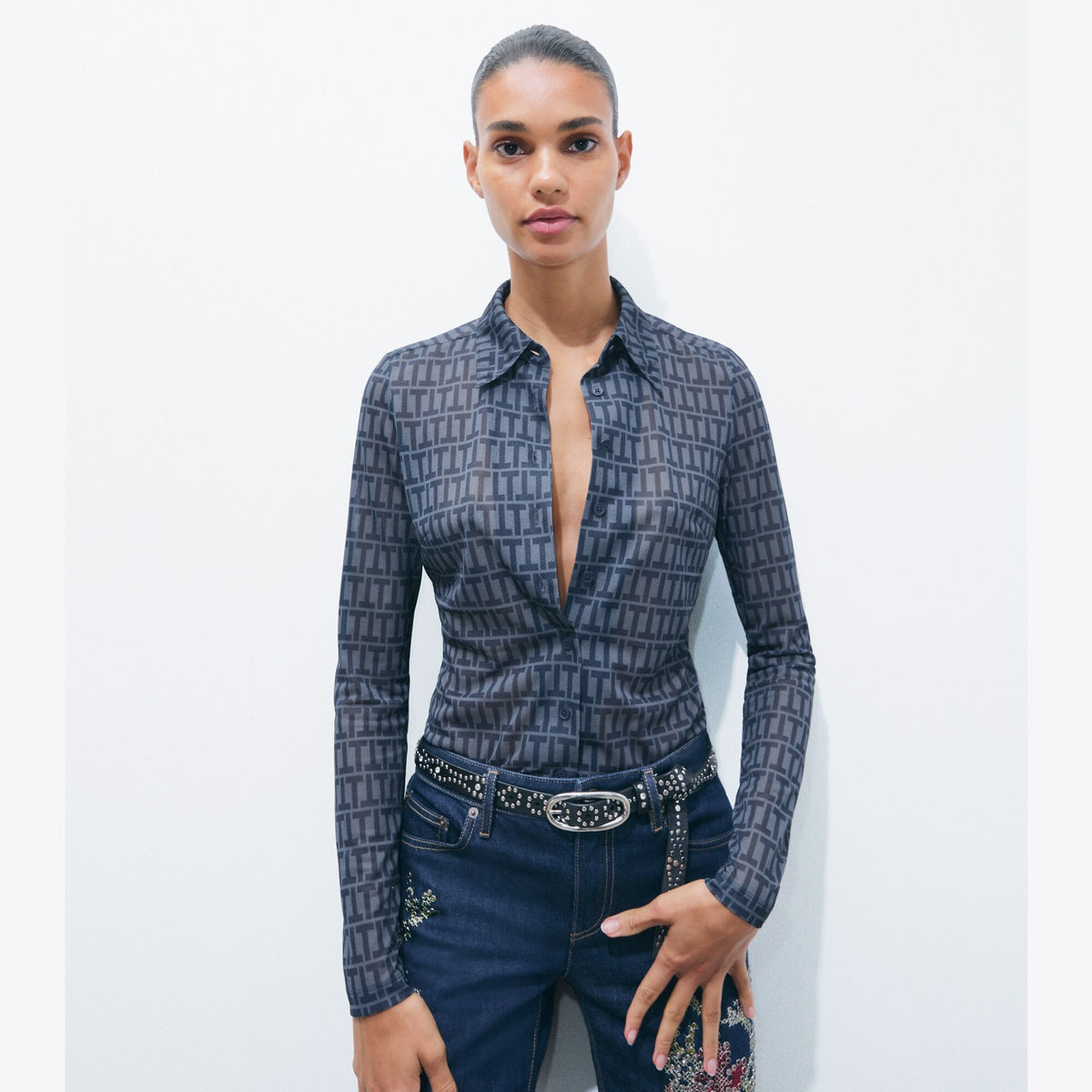 Tory Burch Crepe Polo Shirt - Dusky Blue T Stripe - 7