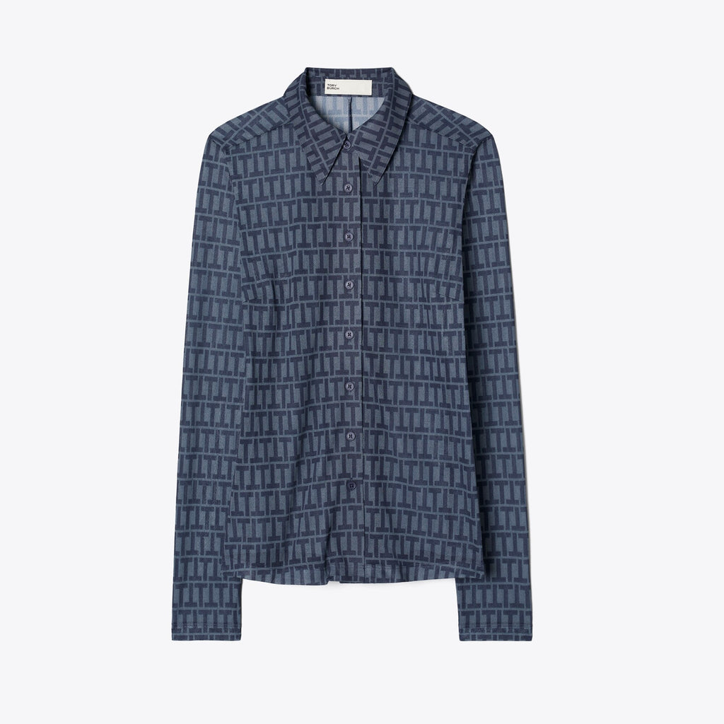 Tory Burch Crepe Polo Shirt - Dusky Blue T Stripe