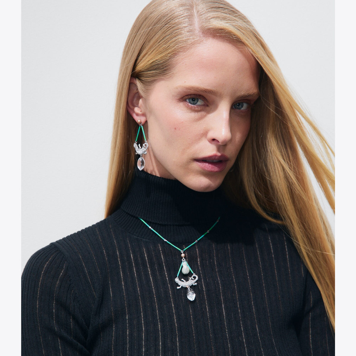 Tory Burch Curiosity Salamander Necklace - Antique Silver / Green / Crystal - 3