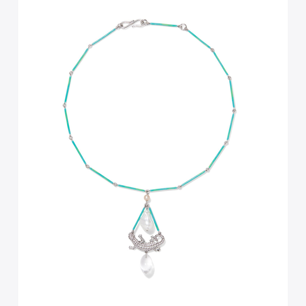 Tory Burch Curiosity Salamander Necklace - Antique Silver / Green / Crystal - 4