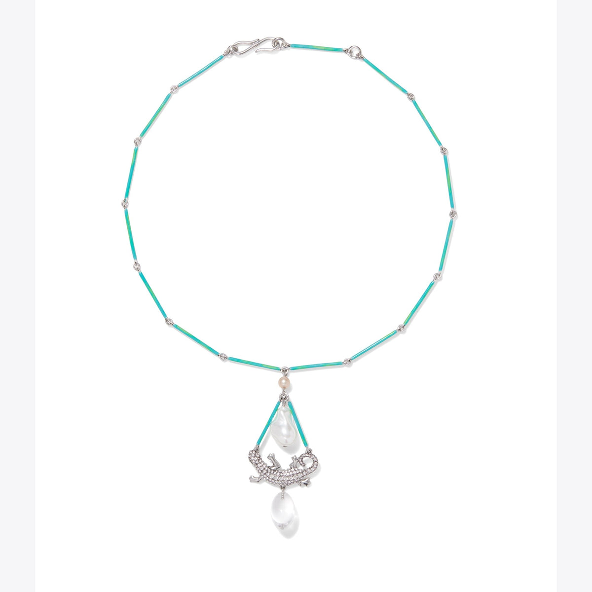 Tory Burch Curiosity Salamander Necklace - Antique Silver / Green / Crystal - 4