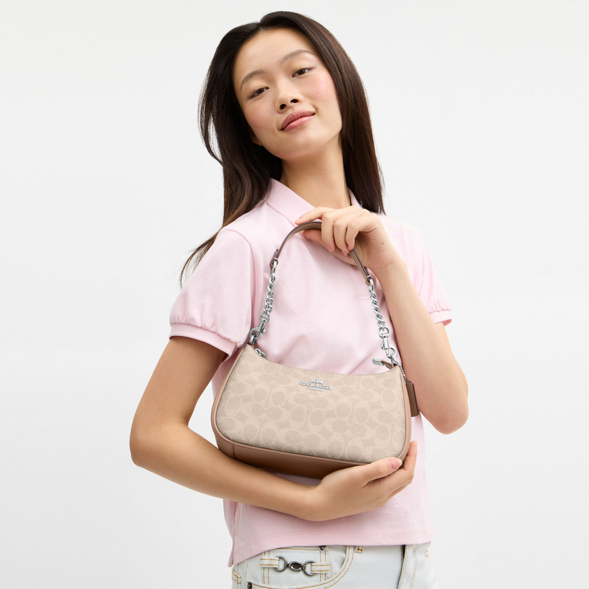 Coach Teri Shoulder Bag In Signature Canvas - Silver/Sand/Taupe (Women's)
