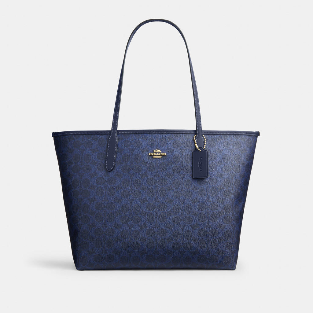 Coach City Tote Bag In Signature Canvas - Gold/Navy (Women's)