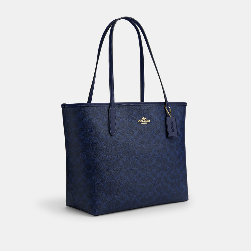 Coach City Tote Bag In Signature Canvas - Gold/Navy (Women's)