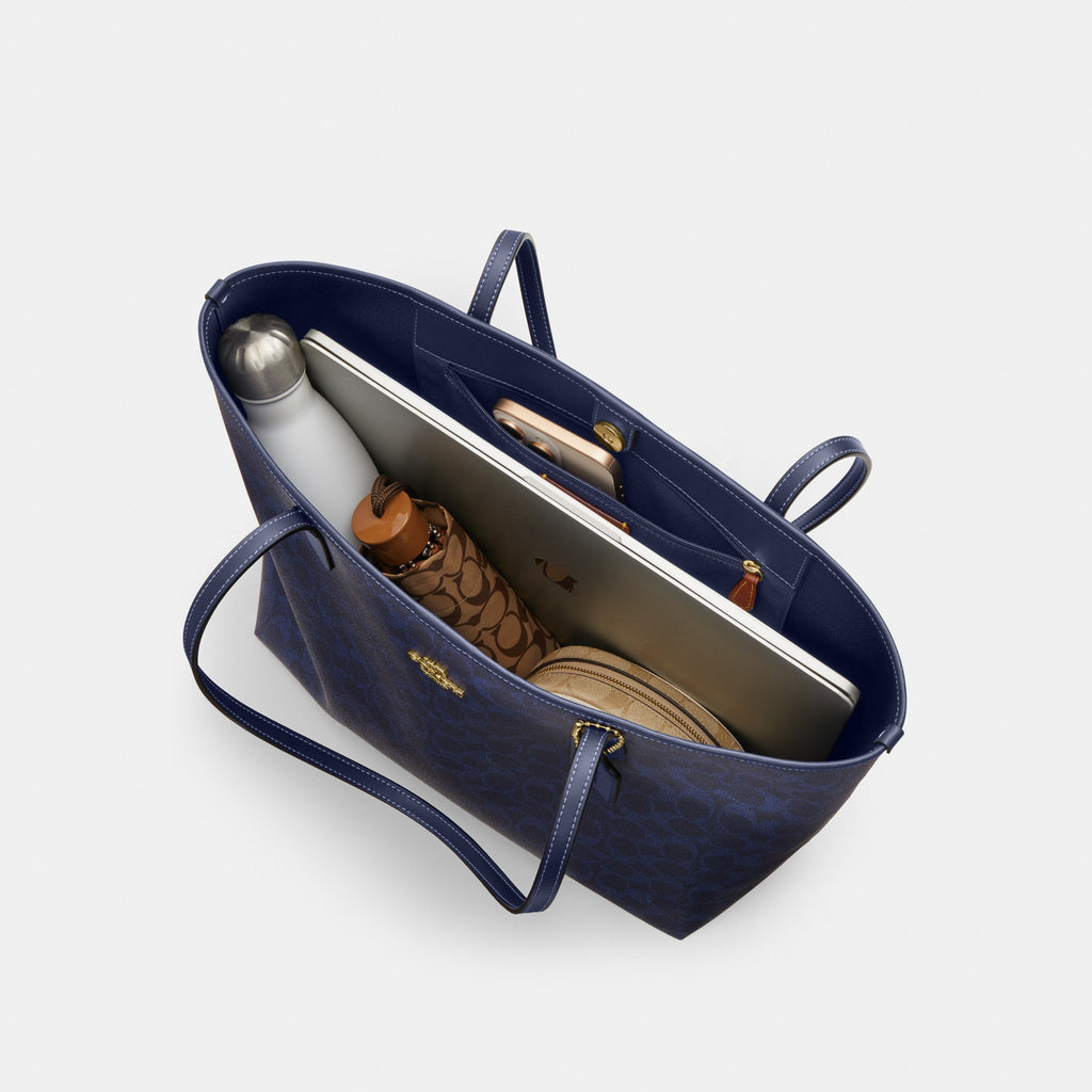 Coach City Tote Bag In Signature Canvas - Gold/Navy (Women's)