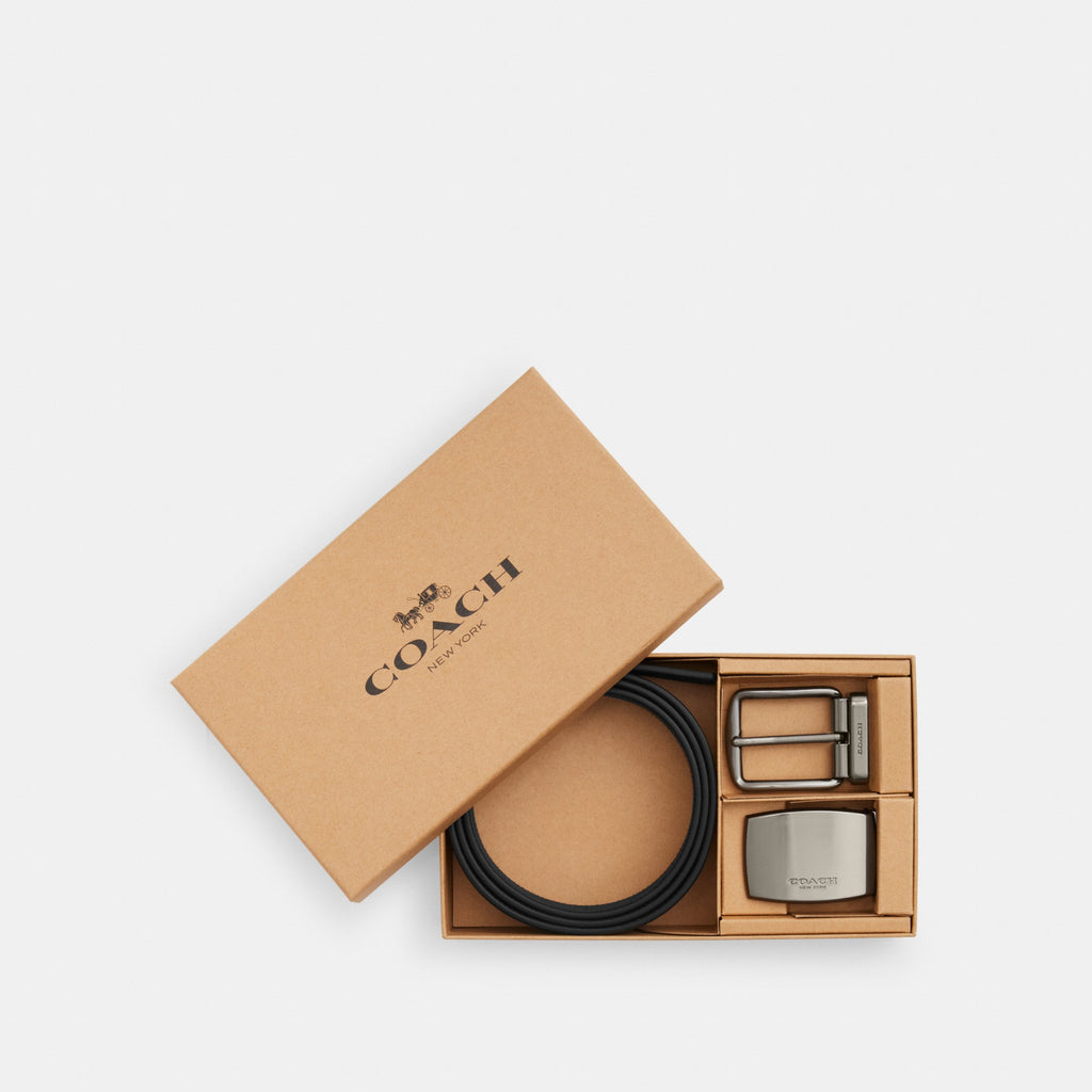 Coach Boxed Plaque And Harness Buckle Cut-To-Size Reversible Belt, 38MM - Gunmetal/Charcoal/Black (Men's)