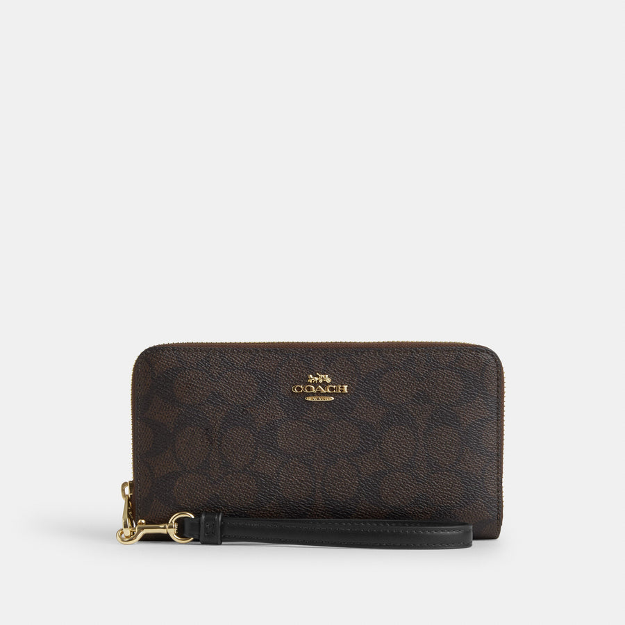 Coach Long Zip Around Wallet In Signature Canvas - Gold/Walnut/Black (Women's)