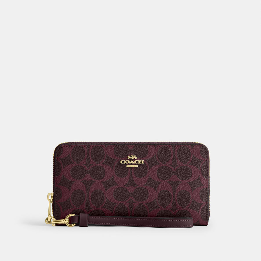 Coach Long Zip Around Wallet In Signature Canvas - Gold/Black Currant (Women's)