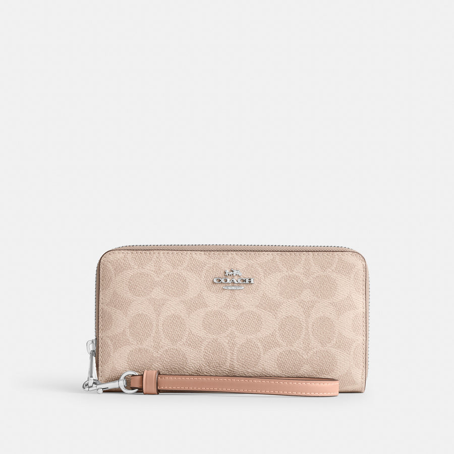Coach Long Zip Around Wallet In Signature Canvas - Silver/Sand/Taupe (Women's)