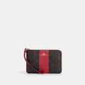 Coach Corner Zip Wristlet In Signature Canvas With Stripe - Gold/Walnut/True Red (Women's)