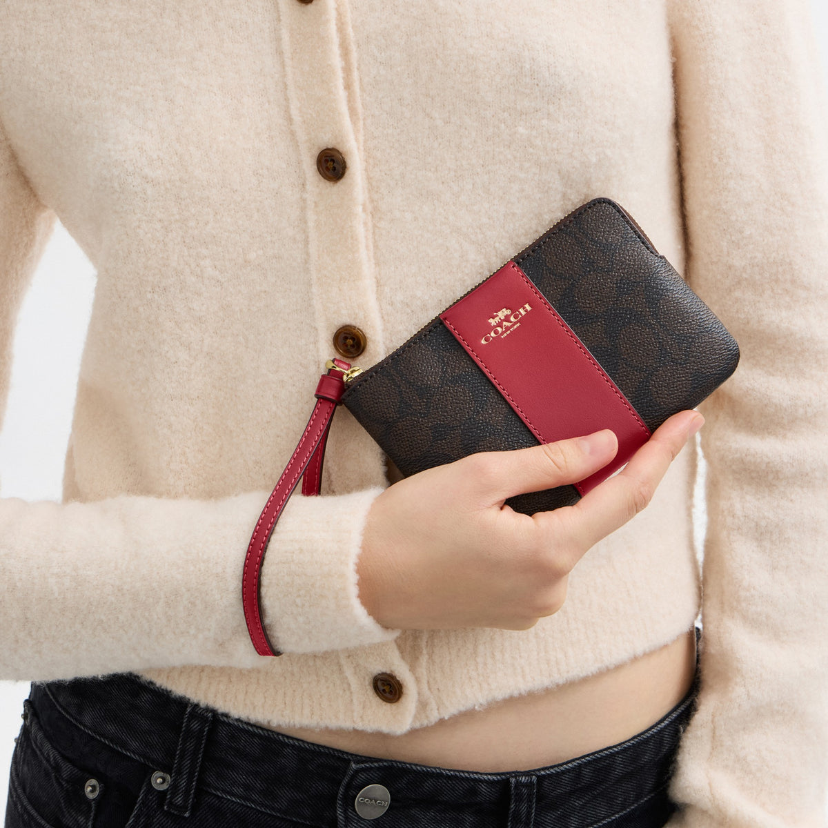 Coach Corner Zip Wristlet In Signature Canvas With Stripe - Gold/Walnut/True Red (Women's)