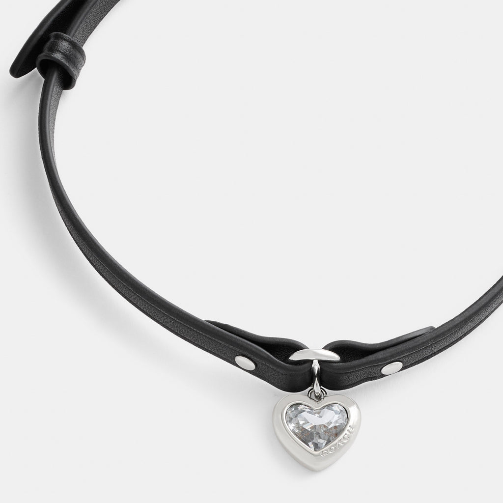 Coach Heart Charm Leather Choker - Silver/Black (2)