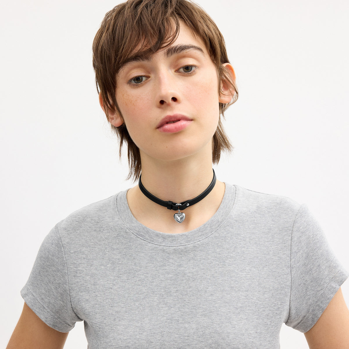 Coach Heart Charm Leather Choker - Silver/Black (4)