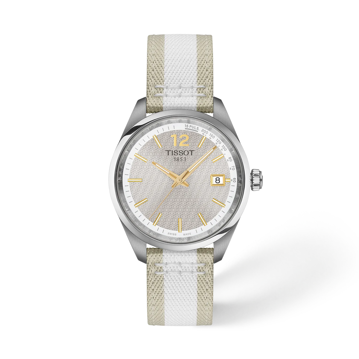 Front view of the watch Tissot PR 100 Cycling 34mm with shadow