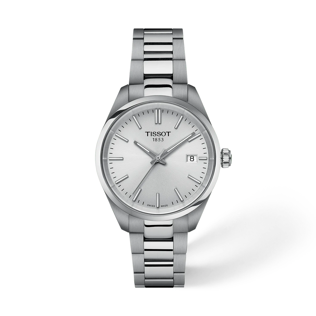 Front view of the watch Tissot PR 100 34mm with shadow
