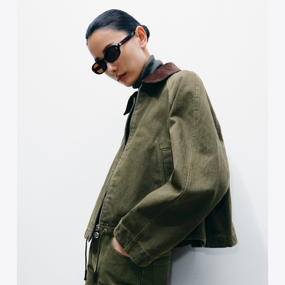 Tory Burch Denim Bomber Jacket - Distressed Green - 2