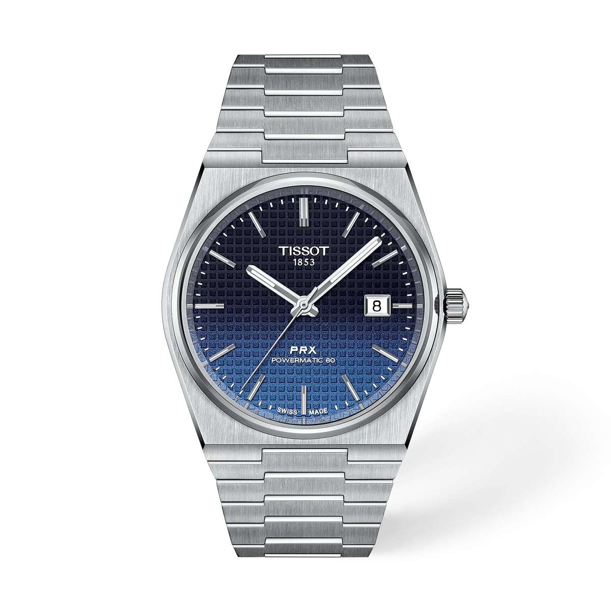 Front view of the watch Tissot PRX 40mm with shadow