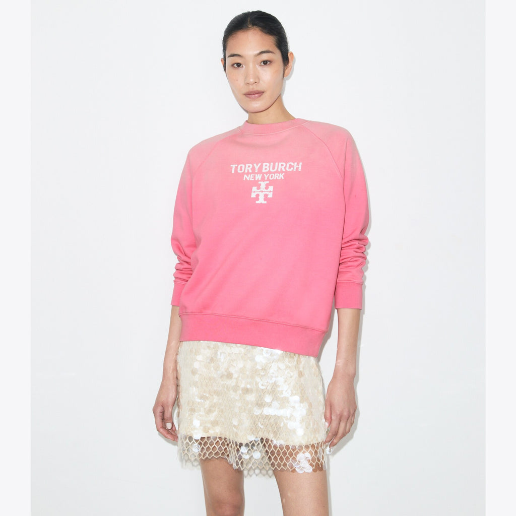 Tory Burch Distressed Cotton Sweatshirt - Vivid Bubblegum - 2