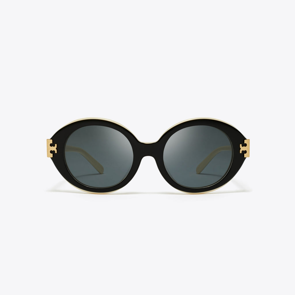 Tory Burch Eleanor Oval Sunglasses - Black/Ivory/Dark Grey Solid