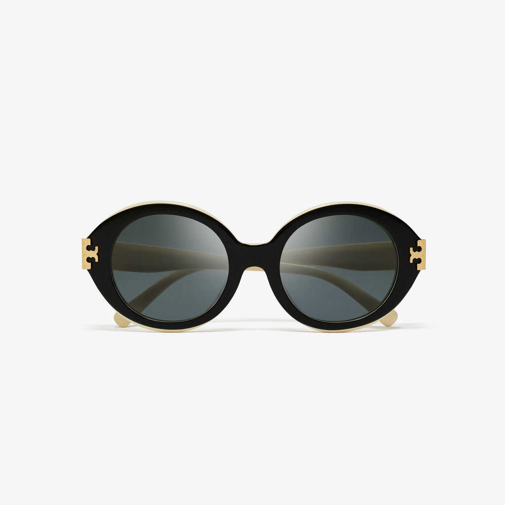 Tory Burch Eleanor Oval Sunglasses - Black/Ivory/Dark Grey Solid - 3