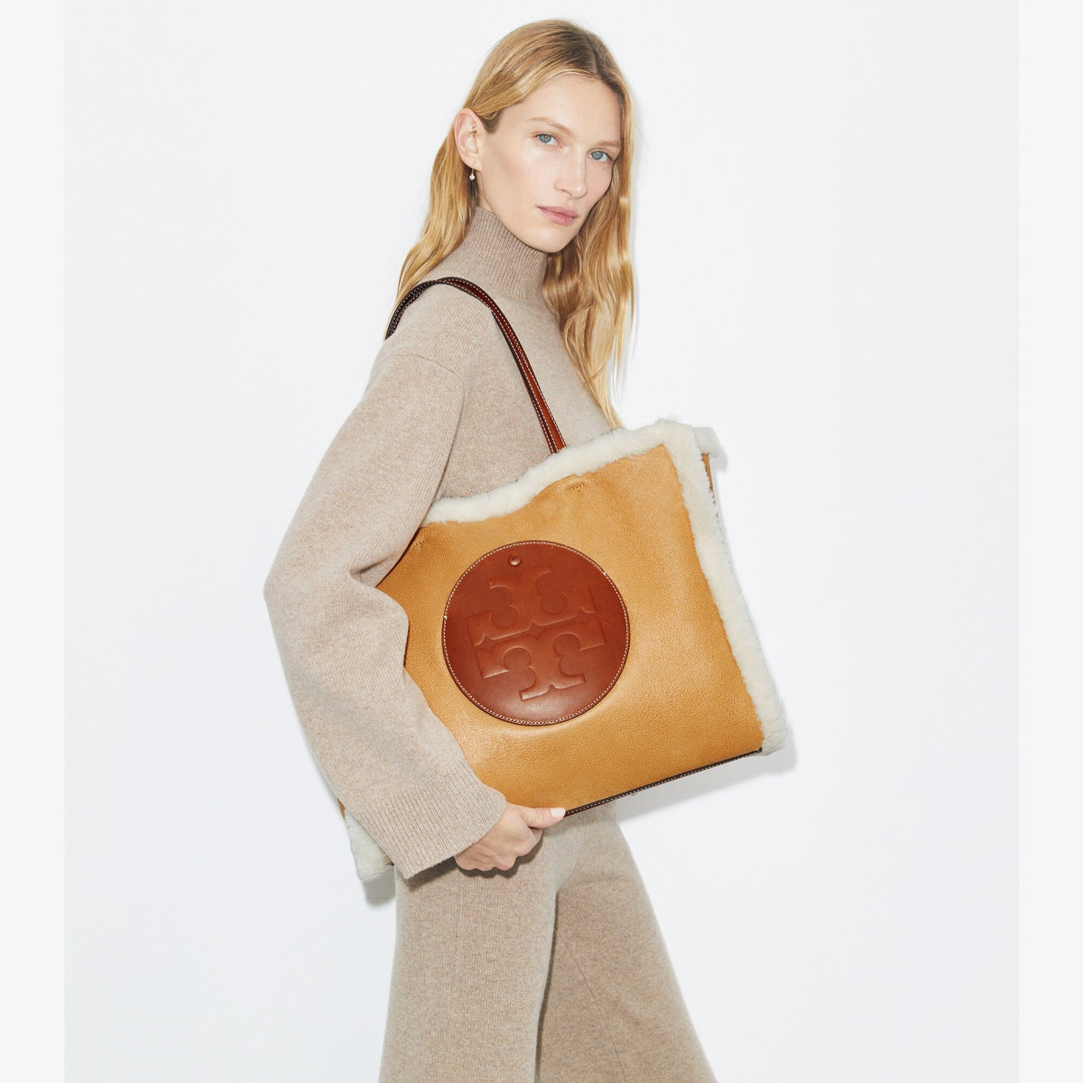 Tory Burch Ella Shearling Tote - Light Natural / Brown - 2