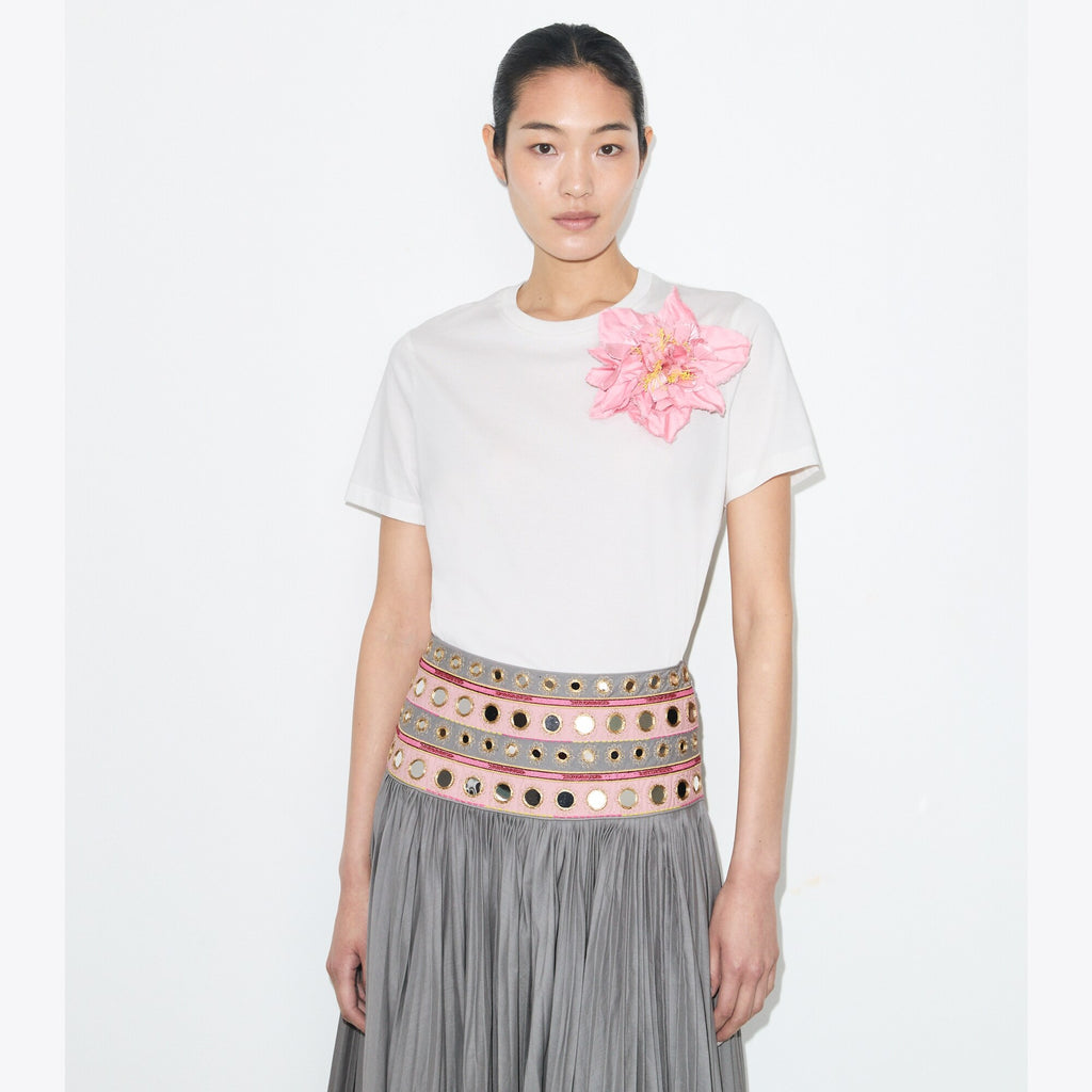 Tory Burch Embellished Cotton T-Shirt - Snow White / Light Pink - 2