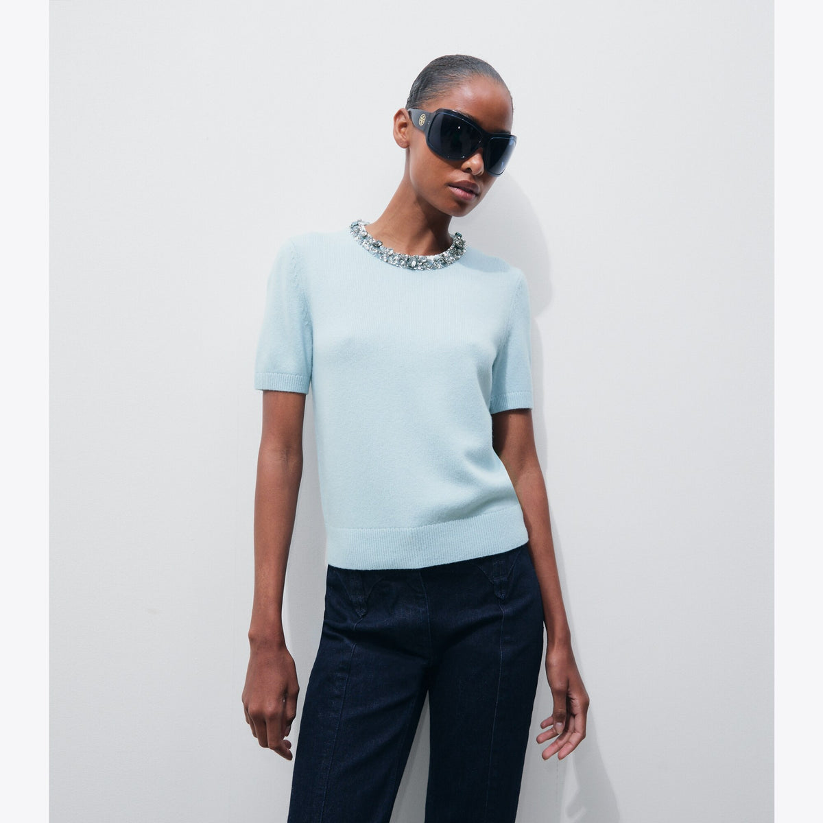 Tory Burch Embellished Wool Sweater - Frozen Sky - 2