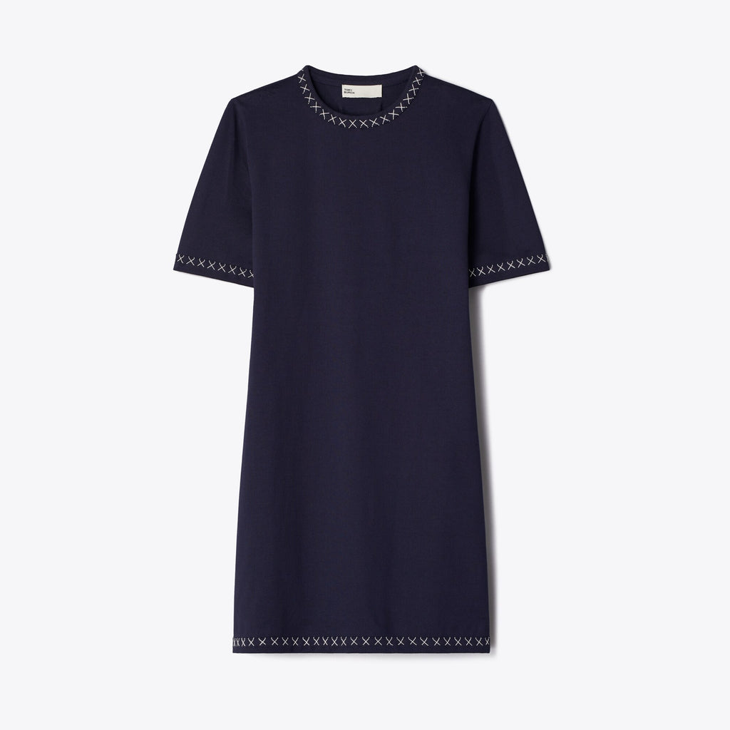 Tory Burch Embroidered Cotton T-Shirt Dress - Medium Navy
