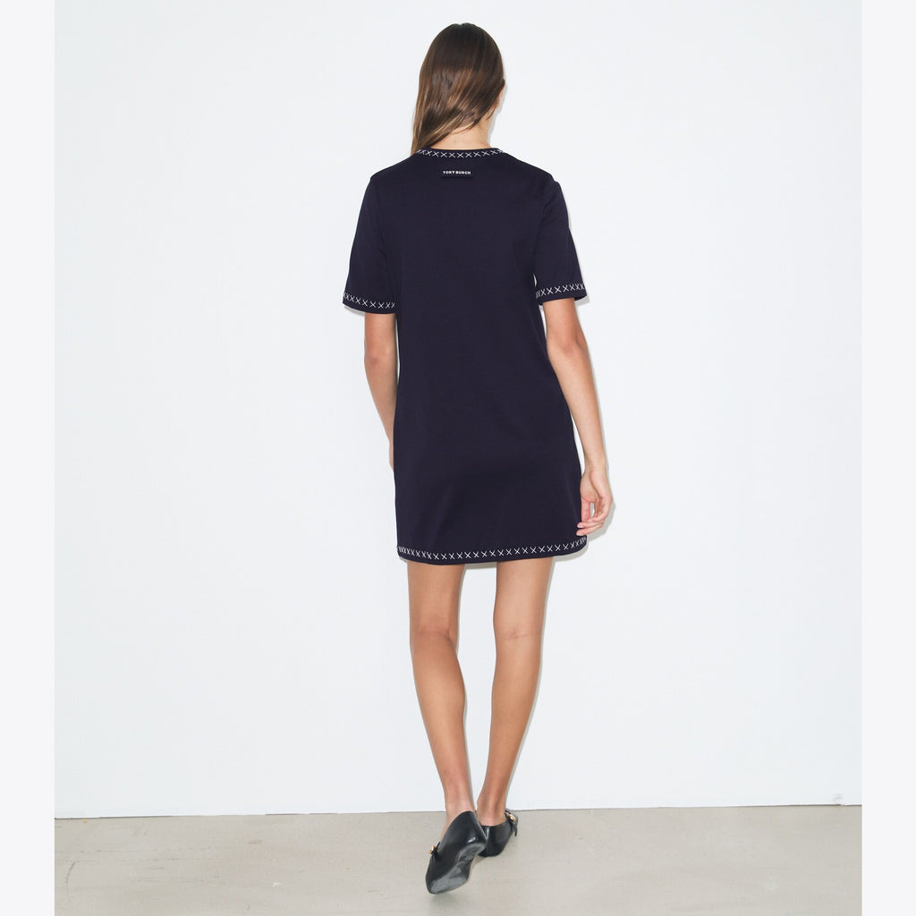 Tory Burch Embroidered Cotton T-Shirt Dress - Medium Navy - 4