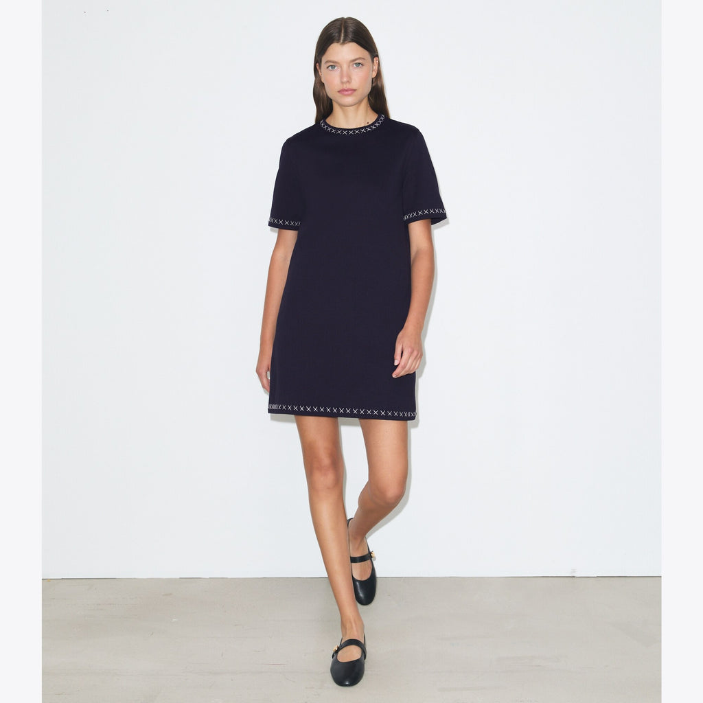Tory Burch Embroidered Cotton T-Shirt Dress - Medium Navy - 3