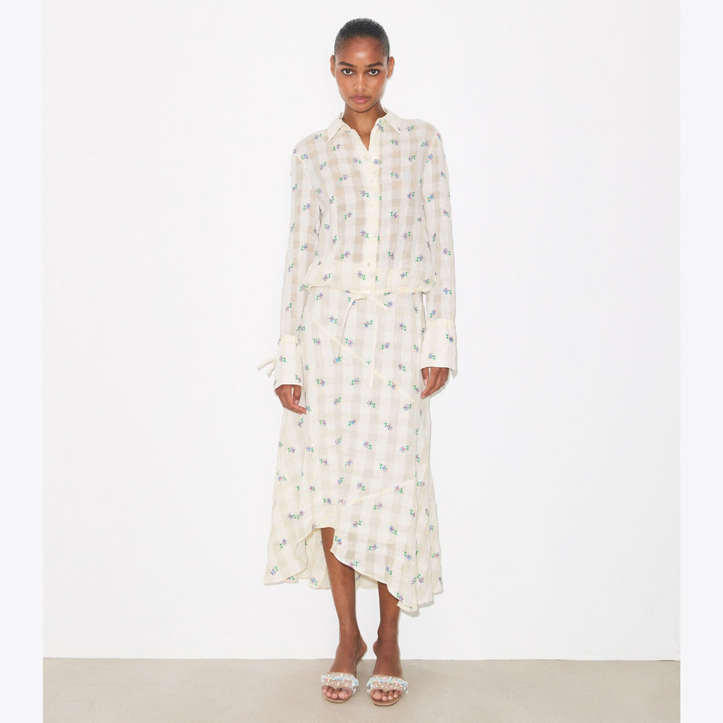Tory Burch Embroidered Linen Skirt - Ivory Embroidered Gingham - 2