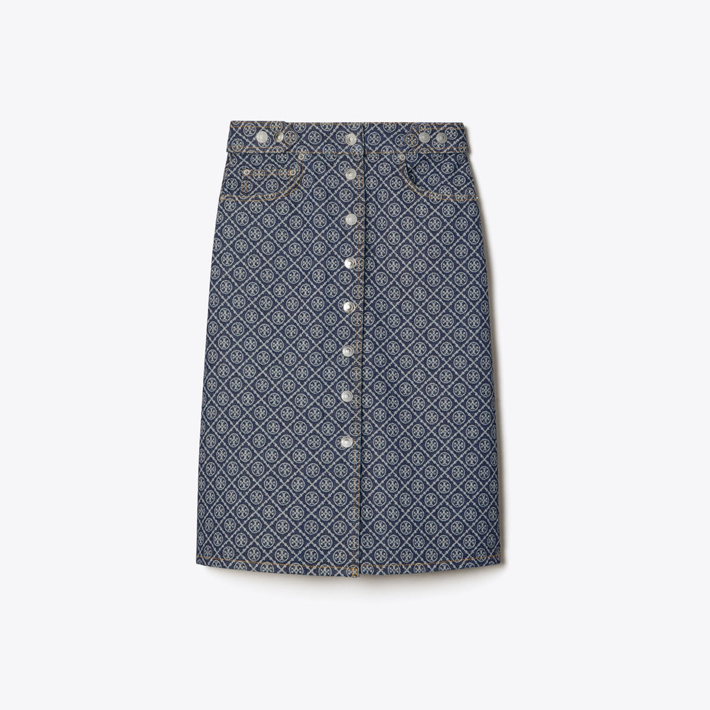 Tory Burch Flared Denim Skirt - T Monogram Stone Wash