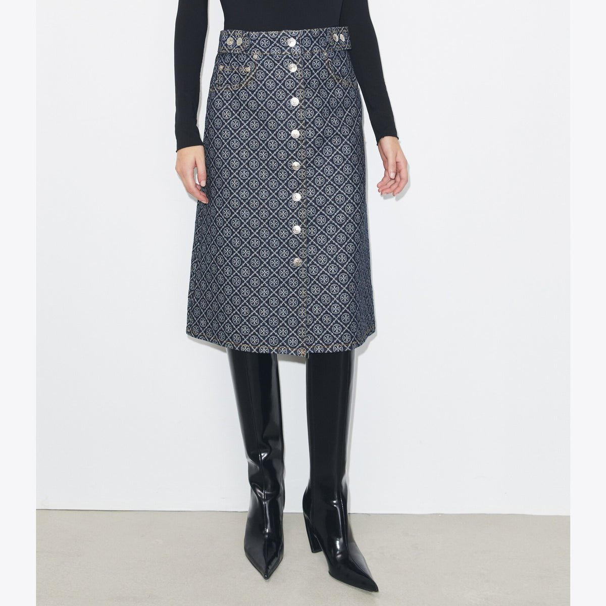 Tory Burch Flared Denim Skirt - T Monogram Stone Wash - 5