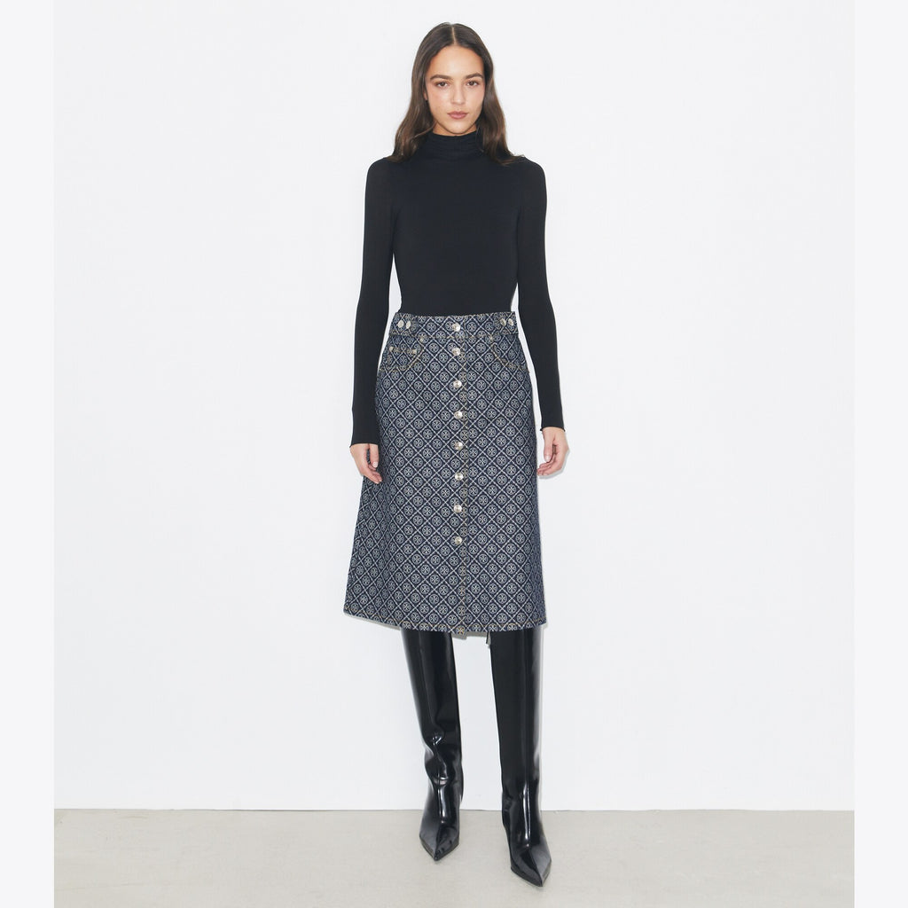 Tory Burch Flared Denim Skirt - T Monogram Stone Wash - 2
