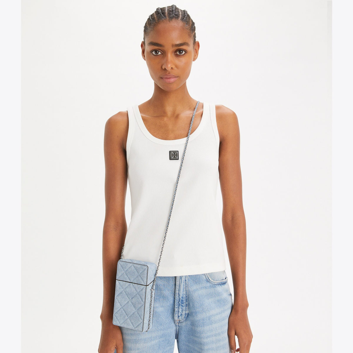 Tory Burch Fleming Denim-Print Suede Phone Crossbody - Denim - 2