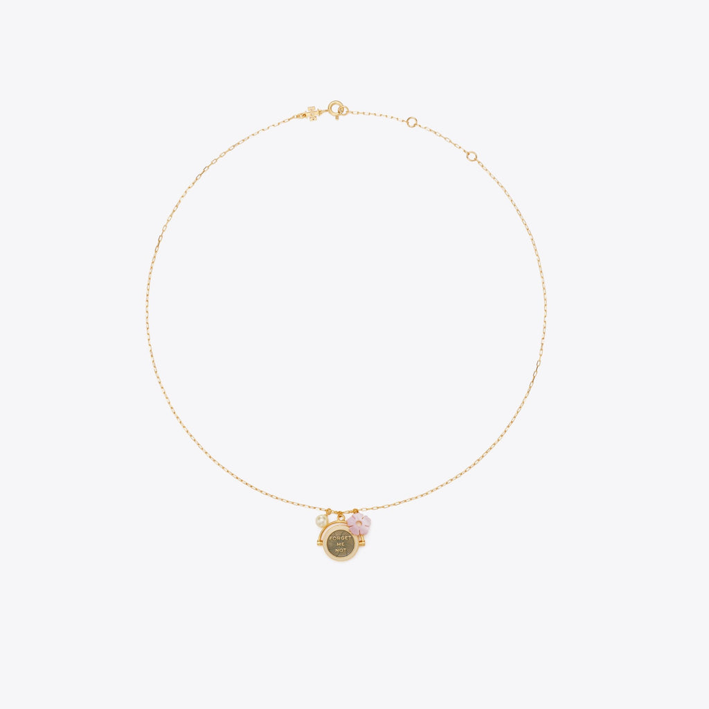 Tory Burch Forget Me Not Charm Pendant Necklace - Tory Gold / Pink / Cream