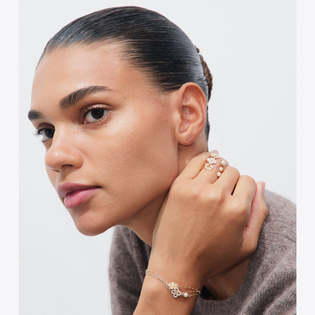 Tory Burch Forget Me Not Stacking Ring Set - Tory Gold / Mother Of Pearl / Cream - 3