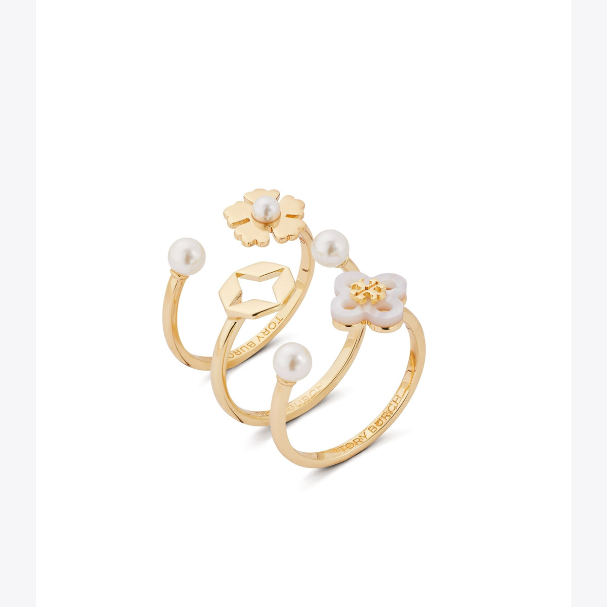 Tory Burch Forget Me Not Stacking Ring Set - Tory Gold / Mother Of Pearl / Cream - 4