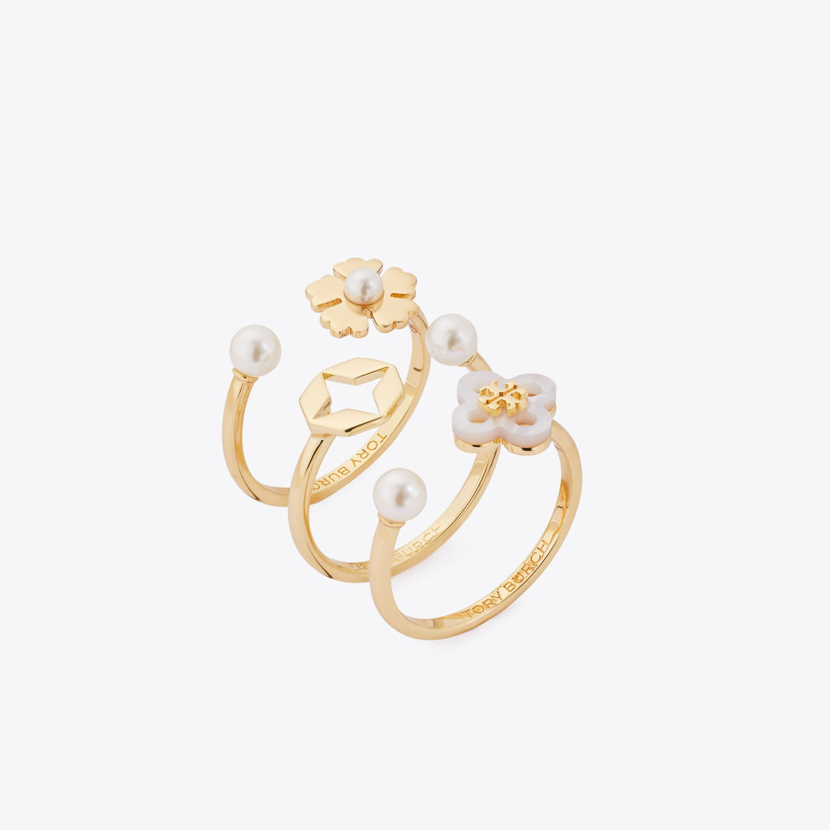Tory Burch Forget Me Not Stacking Ring Set - Tory Gold / Mother Of Pearl / Cream
