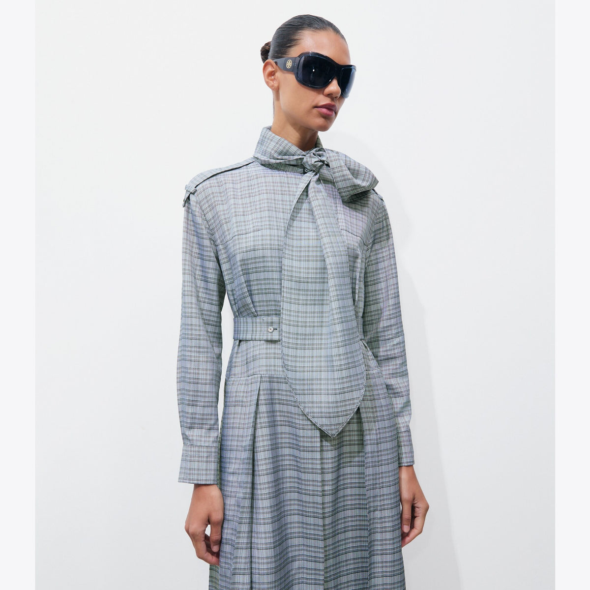 Tory Burch Front-Tie Jacquard Shirtdress - Whipped Cream / Mossy Pine - 5