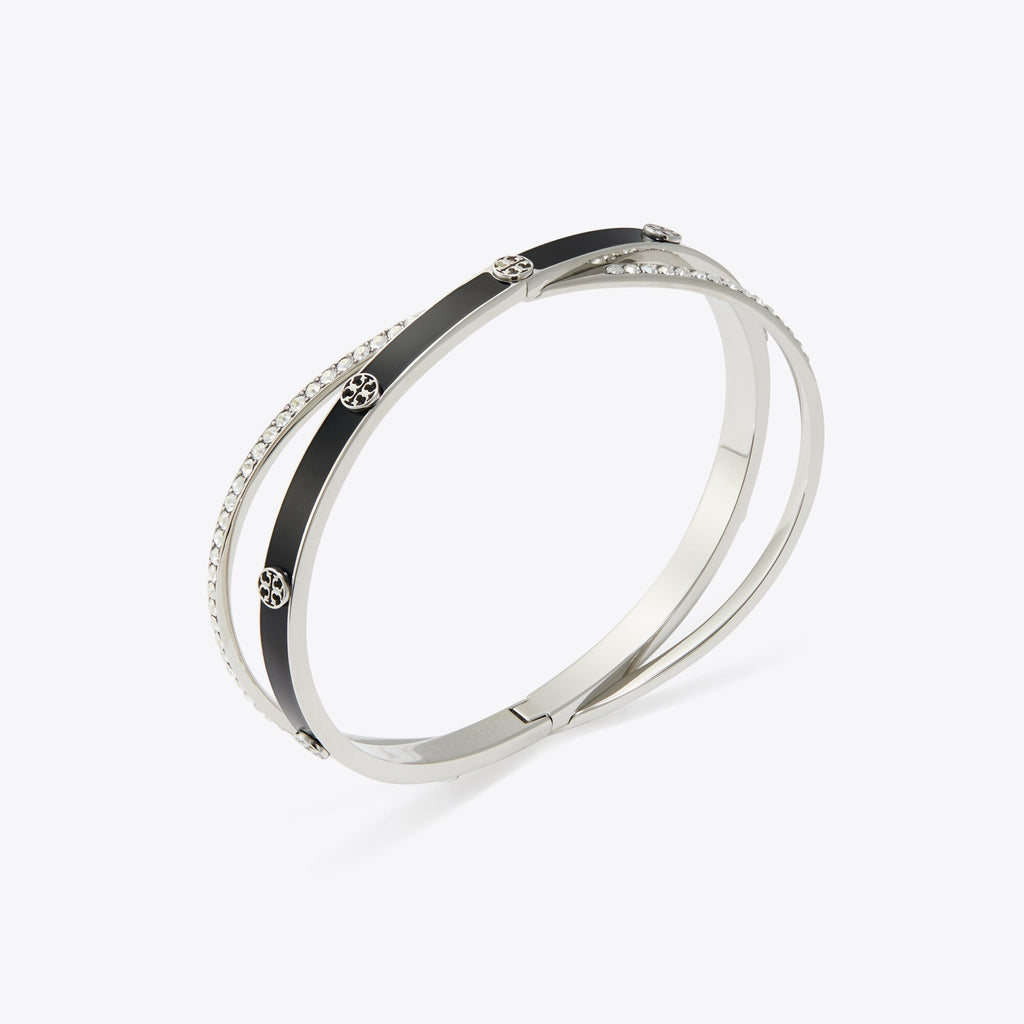 Tory Burch Icon Enamel Crisscross Bangle - Light Silver / Black / Crystal - 2