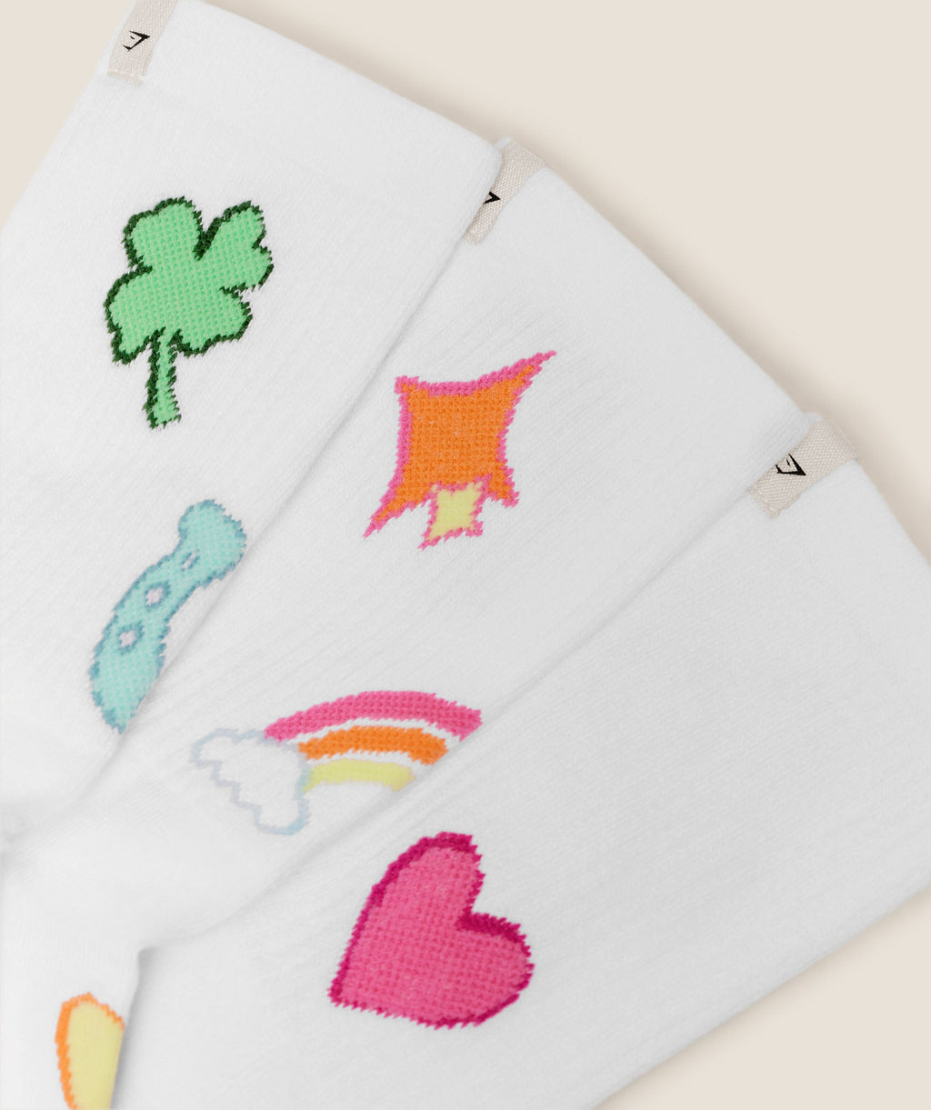 Gymshark Lucky Graphic Crew Socks 3pk - White - 2