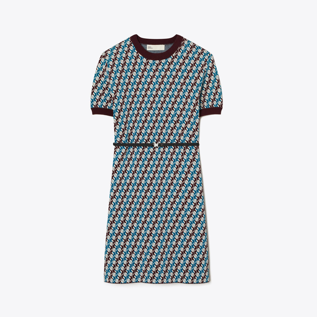 Tory Burch Jacquard Sweater Dress - Aqua Blue Linked Geo 3 Color