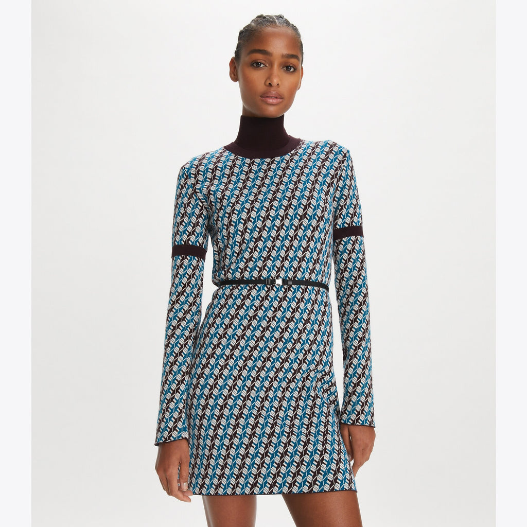 Tory Burch Jacquard Sweater Dress - Aqua Blue Linked Geo 3 Color - 2