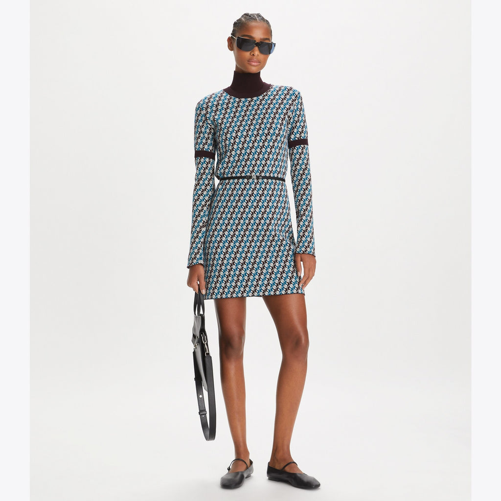 Tory Burch Jacquard Sweater Dress - Aqua Blue Linked Geo 3 Color - 3