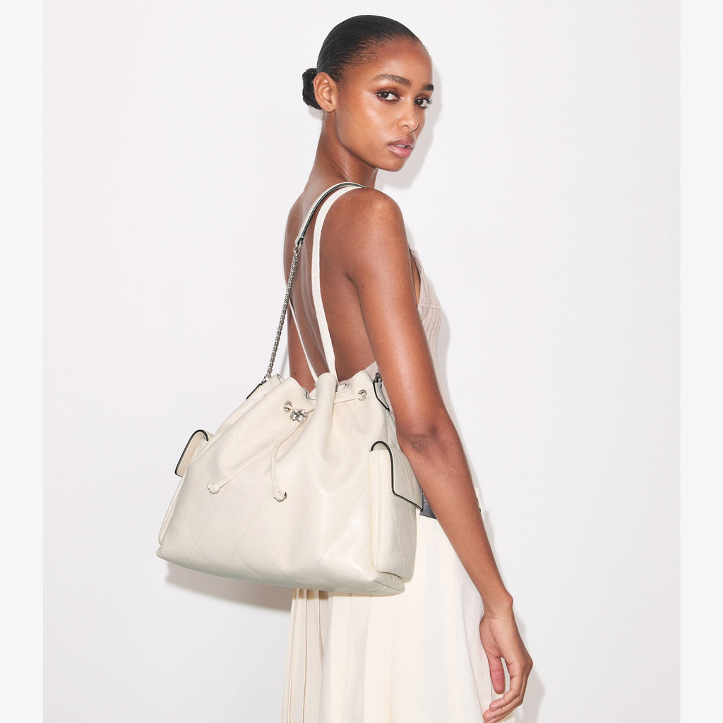 Tory Burch Large Charlie Quilted Drawstring Shoulder Bag - Light Cream - 2
